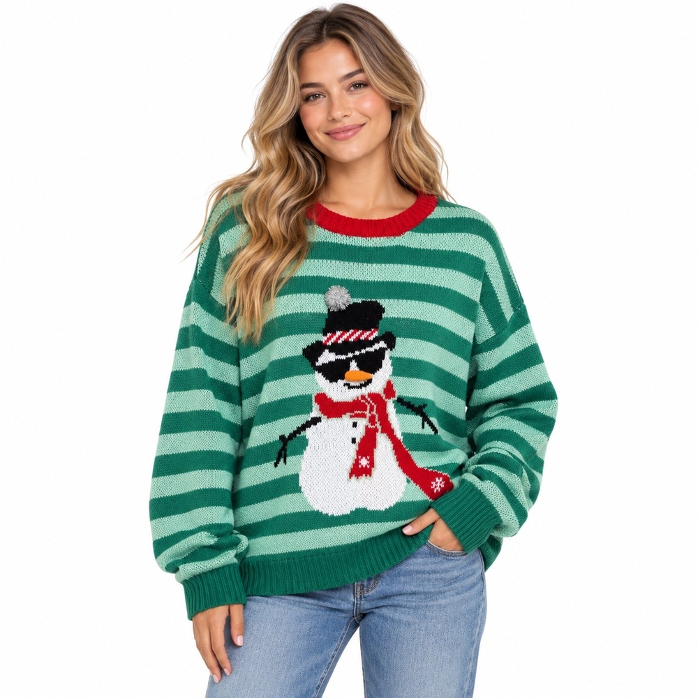33 Degrees Sweater Womens XL Green Stripe Snowman Christmas Ugly Knit Pullover